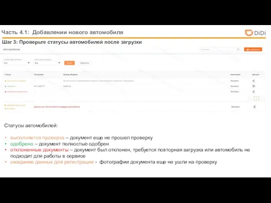 Шаг 3: Проверьте статусы автомобилей после загрузки Часть 4.1: Добавлении нового