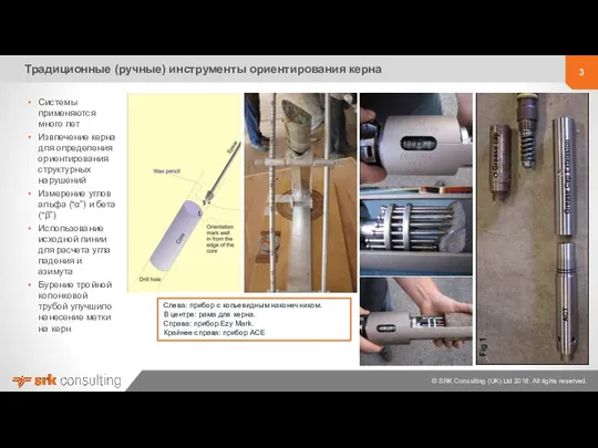 Традиционные (ручные) инструменты ориентирования керна Слева: прибор с копьевидным наконечником. В