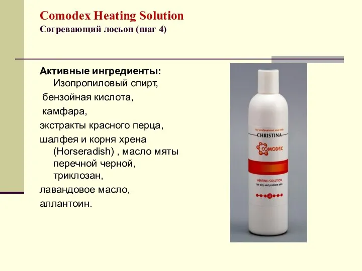 Comodex Heating Solution Согревающий лосьон (шаг 4) Активные ингредиенты: Изопропиловый спирт,