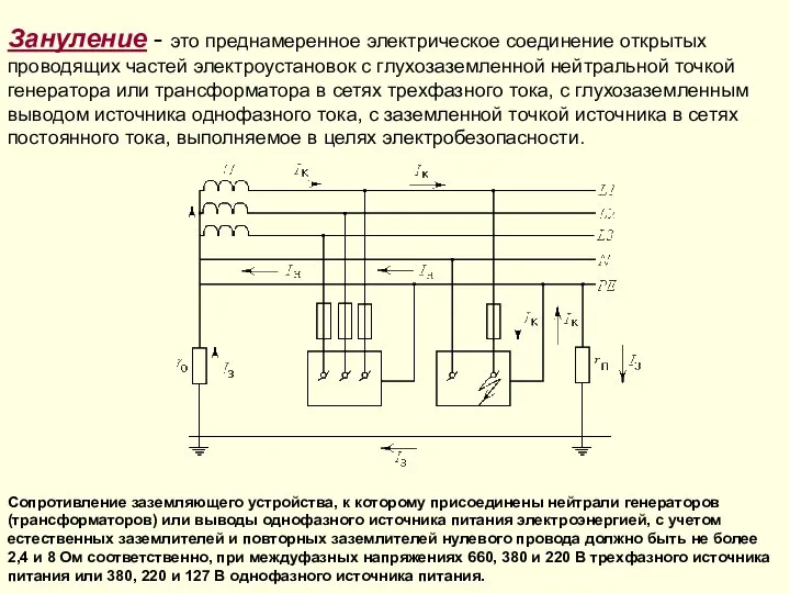 Зануление - это преднамеренное электрическое соединение открытых проводящих частей электроустановок с