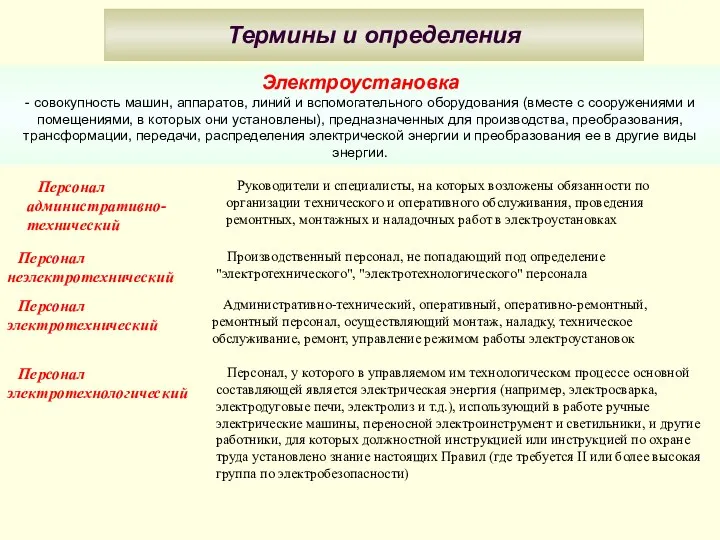 Термины и определения Электроустановка - совокупность машин, аппаратов, линий и вспомогательного