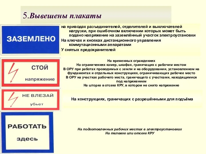 5.Вывешены плакаты на приводах разъединителей, отделителей и выключателей нагрузки, при ошибочном