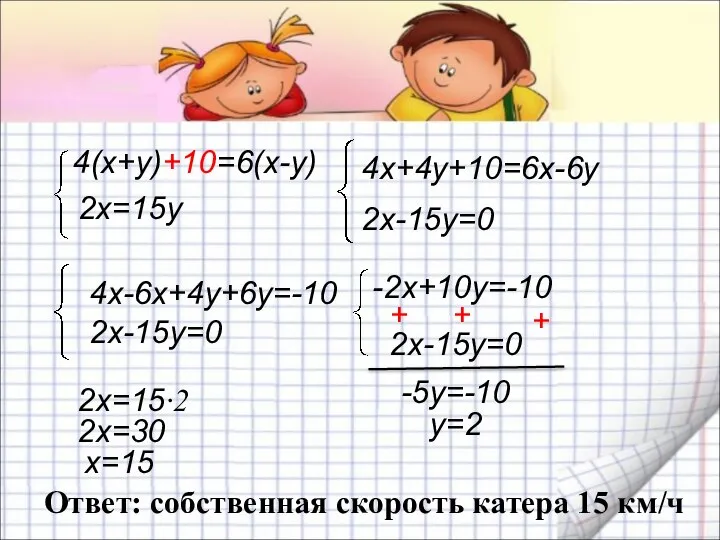 4(х+у)+10=6(х-у) 2х=15у 4х+4у+10=6х-6у 2х-15у=0 + + + -2х+10у=-10 4х-6х+4у+6у=-10 2х-15у=0 2х=15·2