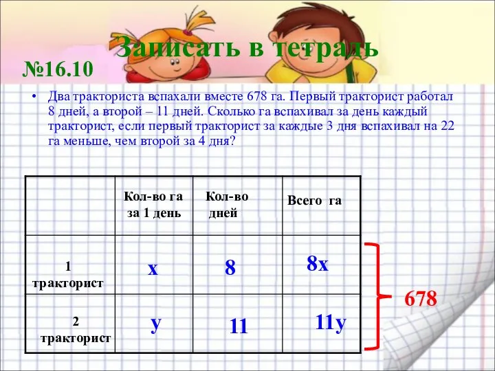 Записать в тетрадь Два тракториста вспахали вместе 678 га. Первый тракторист