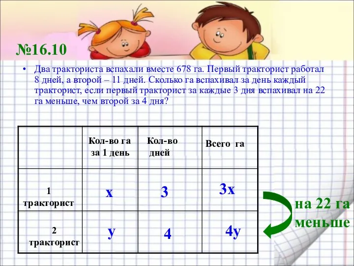 Два тракториста вспахали вместе 678 га. Первый тракторист работал 8 дней,