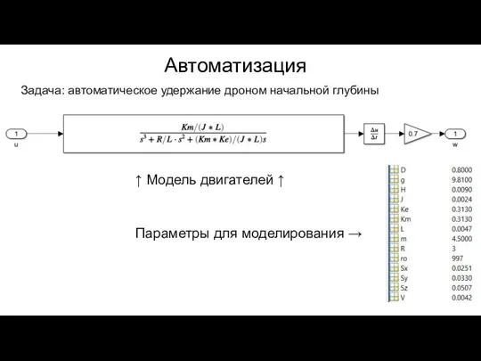 Автоматизация Задача: автоматическое удержание дроном начальной глубины Параметры для моделирования → ↑ Модель двигателей ↑