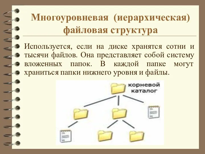 Многоуровневая (иерархическая) файловая структура Используется, если на диске хранятся сотни и