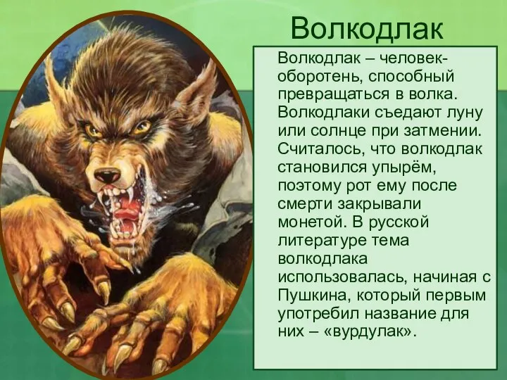 Волкодлак Волкодлак – человек-оборотень, способный превращаться в волка. Волкодлаки съедают луну