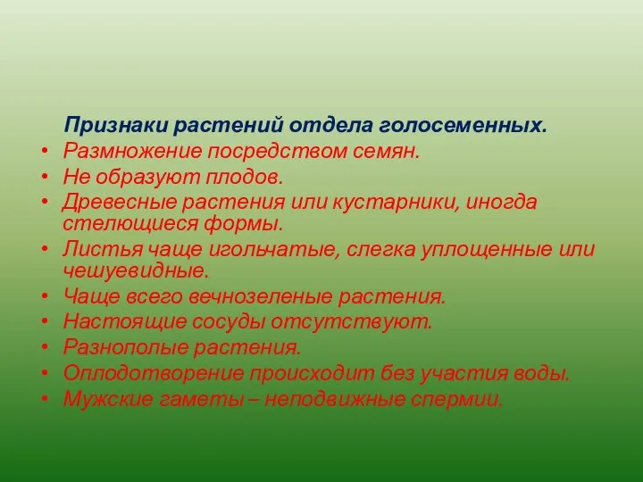 Признаки растений отдела голосеменных. Размножение посредством семян. Не образуют плодов. Древесные