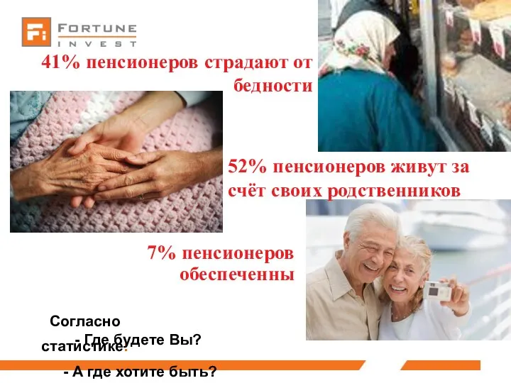 7% пенсионеров обеспеченны 41% пенсионеров страдают от бедности 52% пенсионеров живут