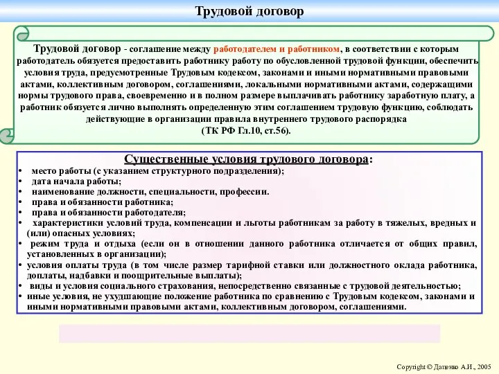 Существенные условия трудового договора: место работы (с указанием структурного подразделения); дата