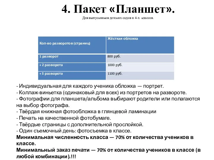 4. Пакет «Планшет». Для выпускников детских садов и 4-х классов. -