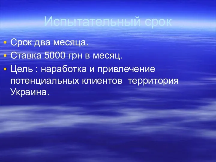 Испытательный срок Срок два месяца. Ставка 5000 грн в месяц. Цель