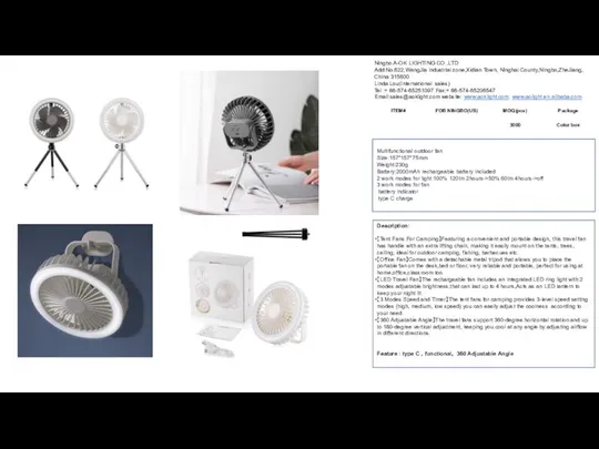 Multifunctional outdoor fan Size:157*157*75mm Weight:230g Battery:2000mAh rechargeable battery included 2 work