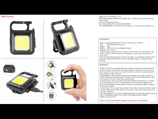 Specification: Type-C rechargeable aluminum COB LED multi-function keychain Size: 60(L)x40(W)x20(Thick.)mm Weight: