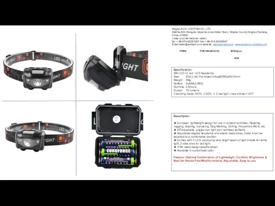 Specification: 3W LED +2 red LED headlamp Size: 63(L)-incl.the folded strapx60W)x45(H)mm