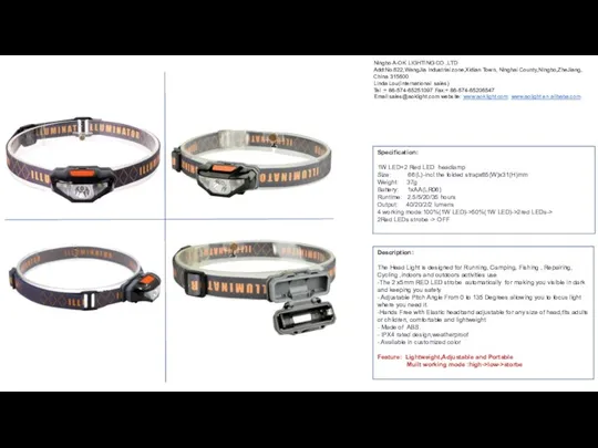 Specification: 1W LED+2 Red LED headlamp Size: 66(L)-incl.the folded strapx65(W)x31(H)mm Weight: