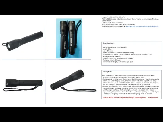 Specification: 3W led rechargeble zoom flashlight weight：210g size：16*3.6cm battery：1*18650 2000mah rechargeble
