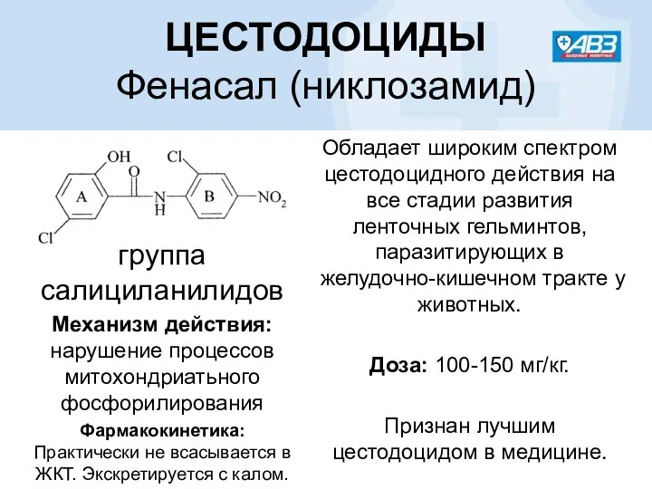ЦЕСТОДОЦИДЫ Фенасал (никлозамид) группа салициланилидов Механизм действия: нарушение процессов митохондриатьного фосфорилирования