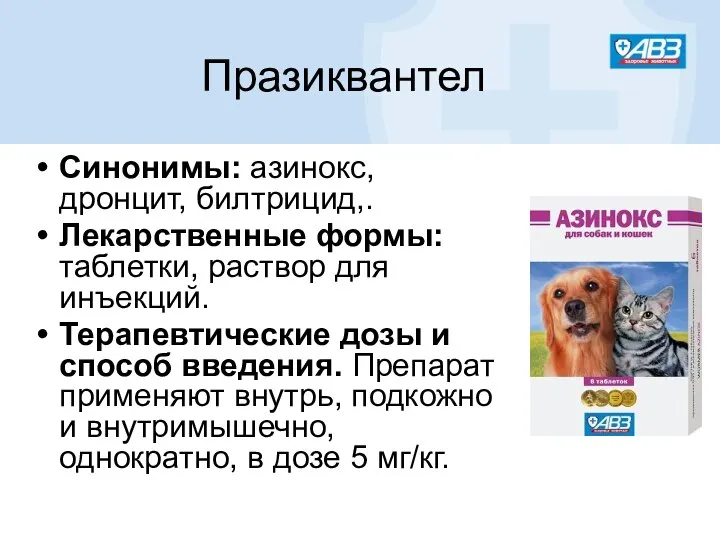 Синонимы: азинокс, дронцит, билтрицид,. Лекарственные формы: таблетки, раствор для инъекций. Терапевтические