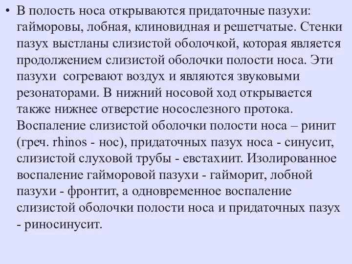 В полость носа открываются придаточные пазухи: гайморовы, лобная, клиновидная и решетчатые.