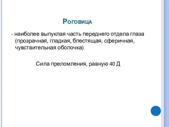 Роговица - наиболее выпуклая часть переднего отдела глаза (прозрачная, гладкая, блестящая,