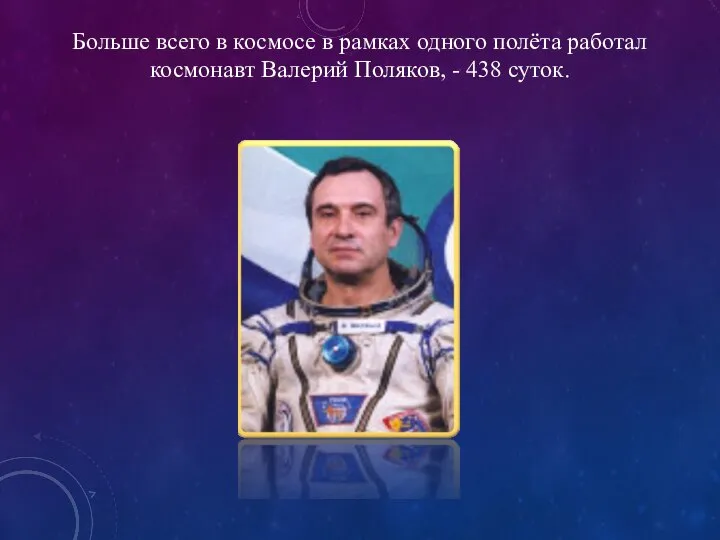 Больше всего в космосе в рамках одного полёта работал космонавт Валерий Поляков, - 438 суток.