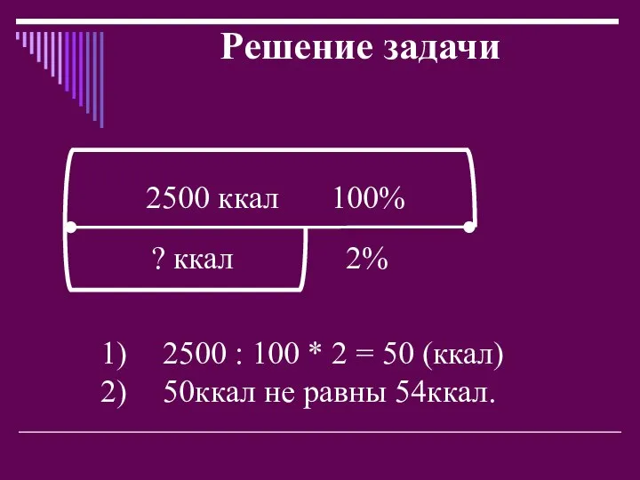 Решение задачи 2500 ккал 100% ? ккал 2% 2500 : 100