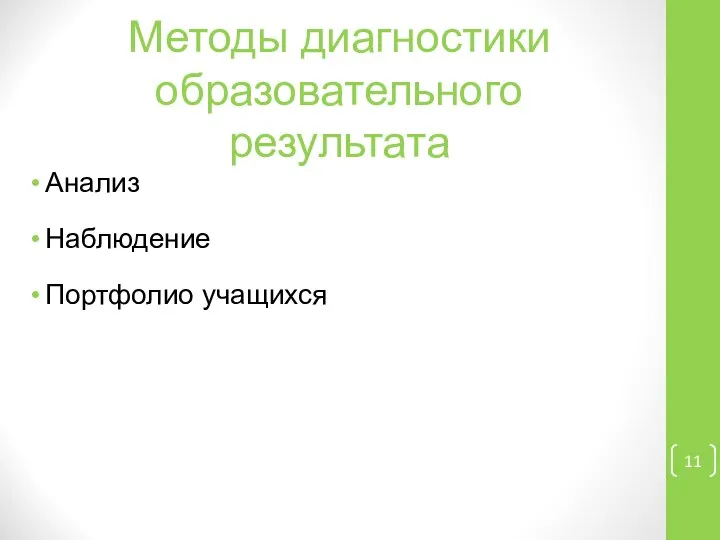 Методы диагностики образовательного результата Анализ Наблюдение Портфолио учащихся