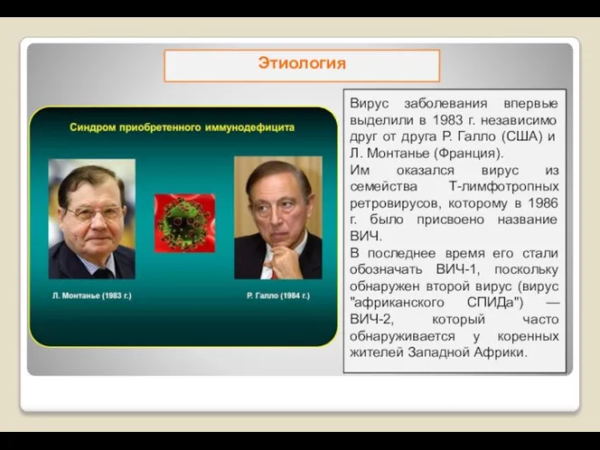 Этиология Вирус заболевания впервые выделили в 1983 г. независимо друг от