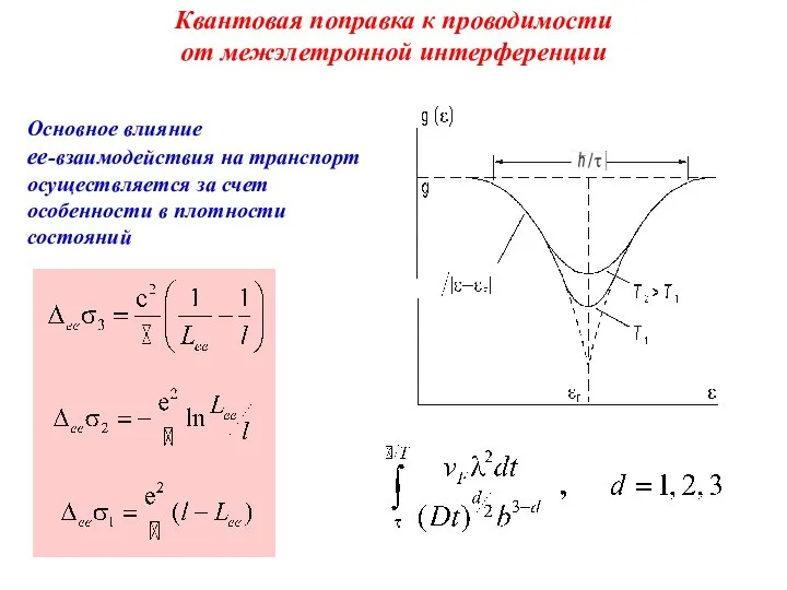 Квантовая поправка к проводимости от межэлетронной интерференции Основное влияние ее-взаимодействия на