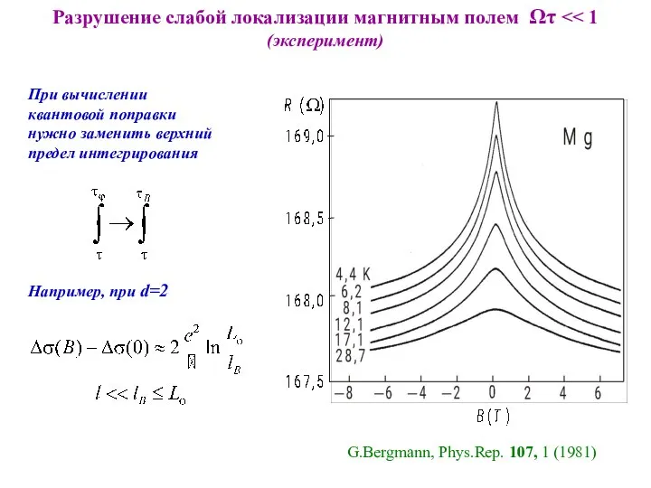 G.Bergmann, Phys.Rep. 107, 1 (1981) Разрушение слабой локализации магнитным полем Ωτ