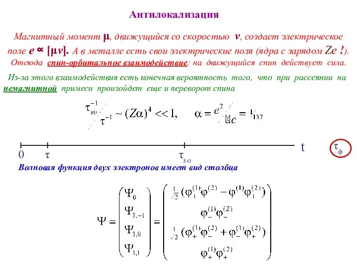 Антилокализация Магнитный момент μ, движущийся со скоростью v, создает электрическое поле