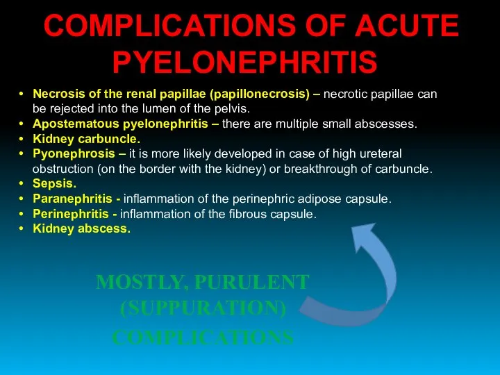 COMPLICATIONS OF ACUTE PYELONEPHRITIS Necrosis of the renal papillae (papillonecrosis) –