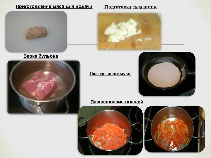 Подготовка сала шпик Варка бульона Приготовление мяса для подачи Пассерование муки Пассерование овощей