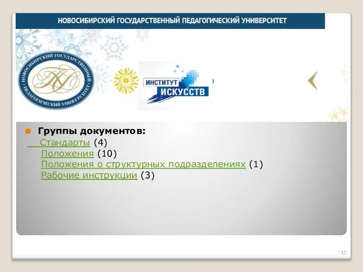 Группы документов: Стандарты (4) Положения (10) Положения о структурных подразделениях (1) Рабочие инструкции (3)