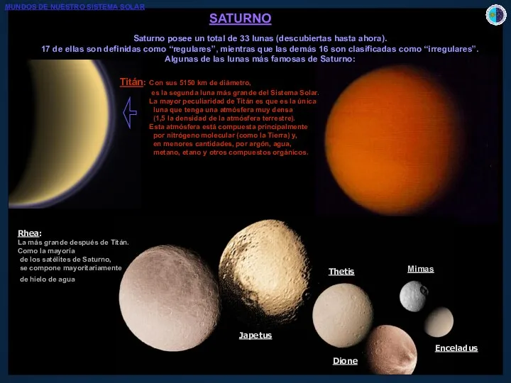 SATURNO Saturno posee un total de 33 lunas (descubiertas hasta ahora).