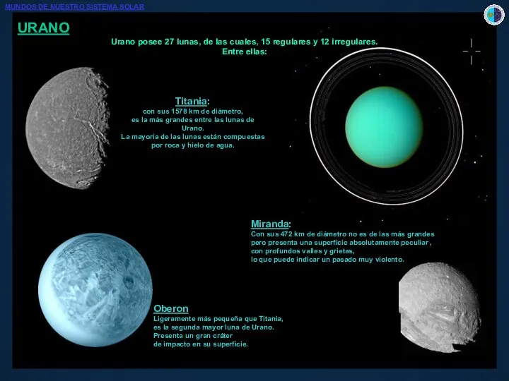 URANO Urano posee 27 lunas, de las cuales, 15 regulares y