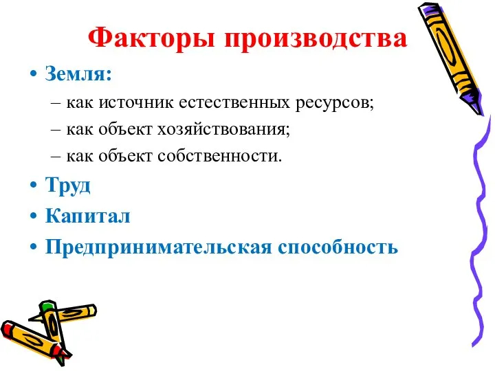 Факторы производства Земля: как источник естественных ресурсов; как объект хозяйствования; как