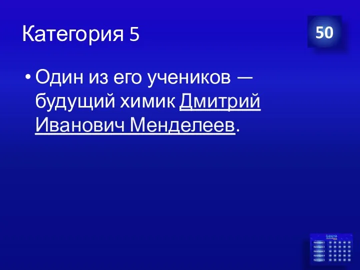 Категория 5 Один из его учеников — будущий химик Дмитрий Иванович Менделеев. 50