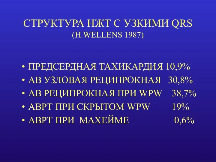 СТРУКТУРА НЖТ С УЗКИМИ QRS (H.WELLENS 1987) ПРЕДСЕРДНАЯ ТАХИКАРДИЯ 10,9% АВ