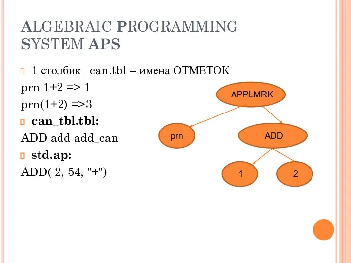 ALGEBRAIC PROGRAMMING SYSTEM APS 1 столбик _can.tbl – имена ОТМЕТОК prn