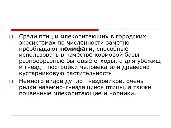 Среди птиц и млекопитающих в городских экосистемах по численности заметно преобладают