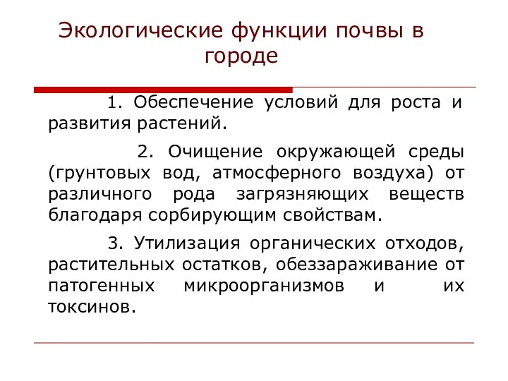 Экологические функции почвы в городе 1. Обеспечение условий для роста и