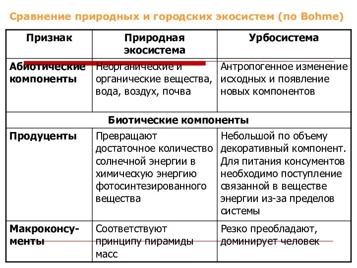 Сравнение природных и городских экосистем (по Bohme)