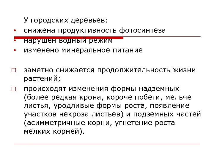 У городских деревьев: снижена продуктивность фотосинтеза нарушен водный режим изменено минеральное