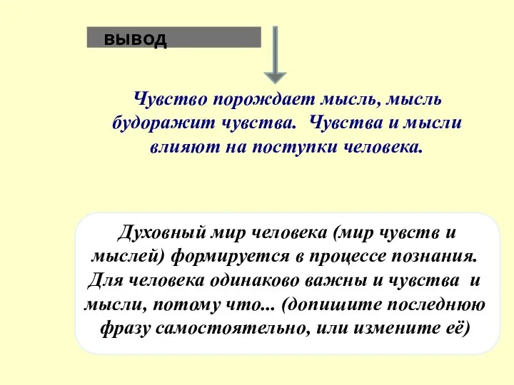 вывод Чувство порождает мысль, мысль будоражит чувства. Чувства и мысли влияют