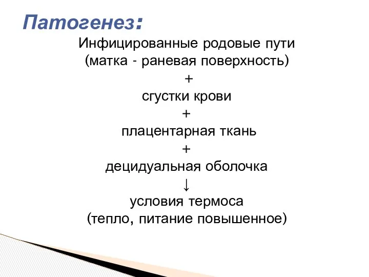 Инфицированные родовые пути (матка - раневая поверхность) + сгустки крови +