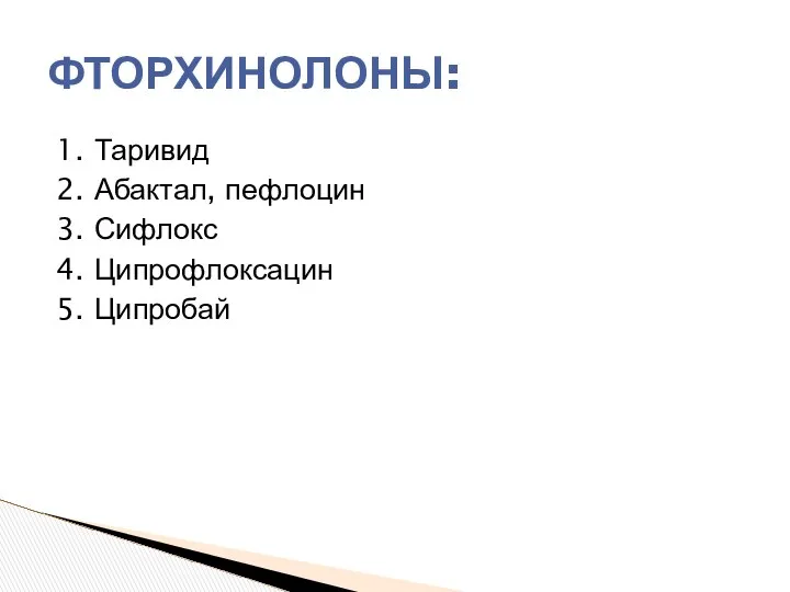 1. Таривид 2. Абактал, пефлоцин 3. Сифлокс 4. Ципрофлоксацин 5. Ципробай ФТОРХИНОЛОНЫ: