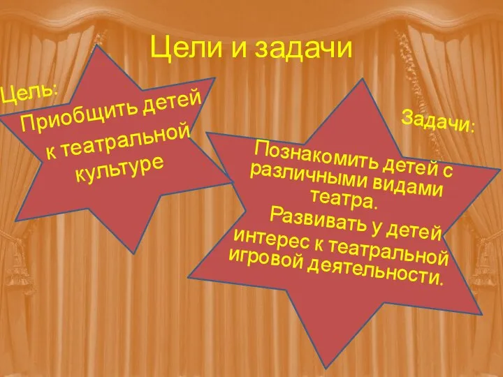 Цели и задачи Цель: Приобщить детей к театральной культуре Задачи: Познакомить